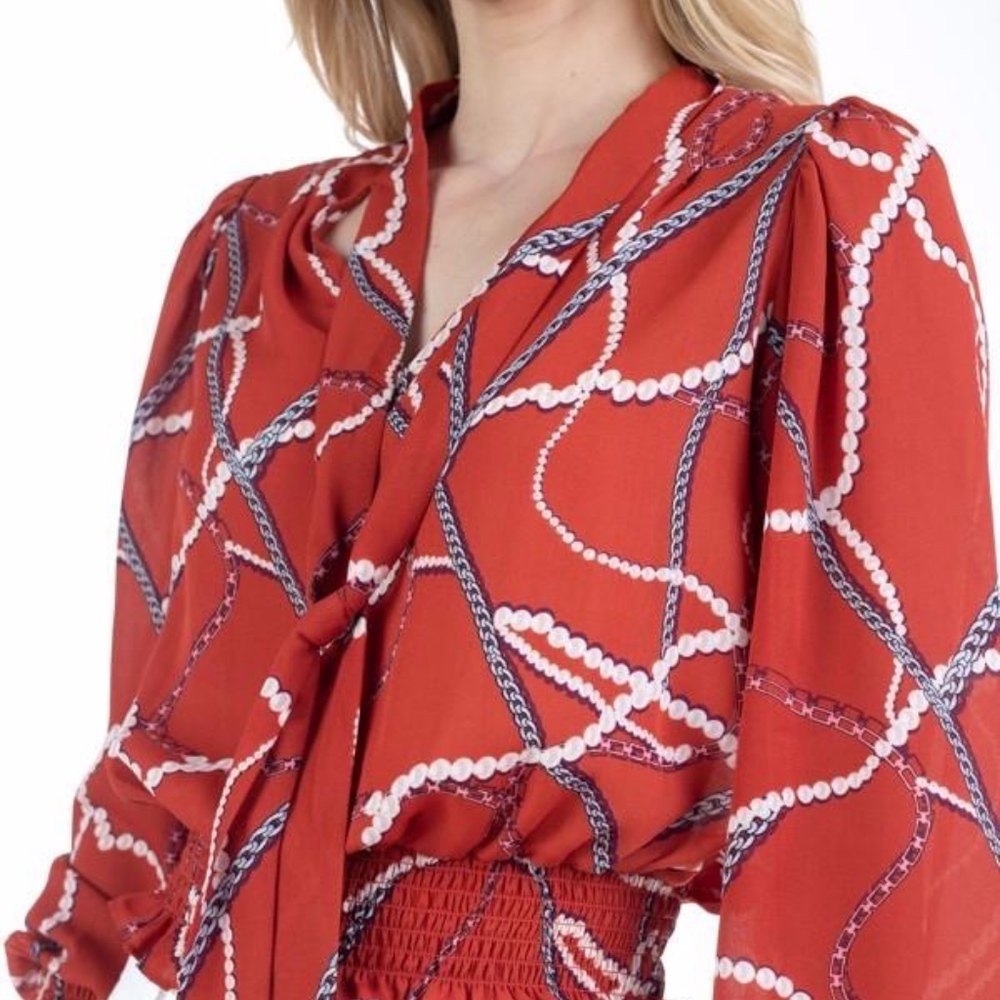 Neck Ribbon Blouse - Rust - Picture 1 of 3